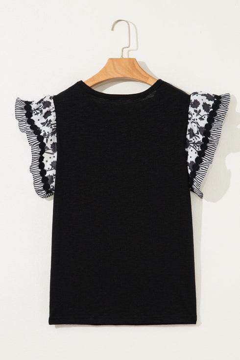 Black Floral Striped Patchwork Flutter Sleeve Easter Bunny Patched Blouse